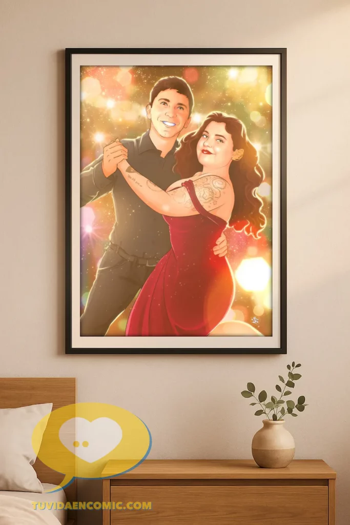 Ilustración personalizada de pareja bailando, creada como regalo de aniversario. Lámina estilo artístico con luces cálidas y ambiente romántico, hecha a mano por Tu Vida en Cómic. Colgada en la pared del dormitorio.