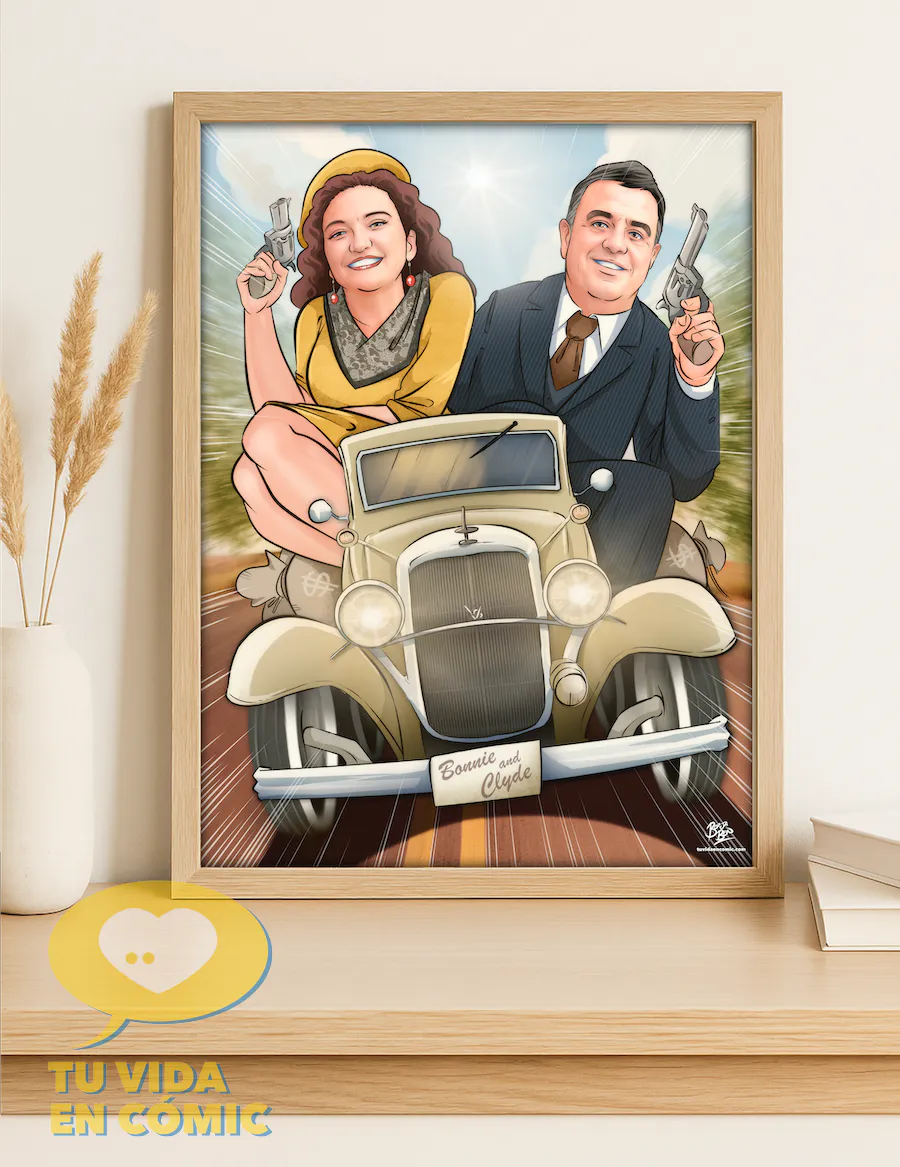 Ilustración personalizada Bonnie & Clyde enmarcada como regalo de boda original.
