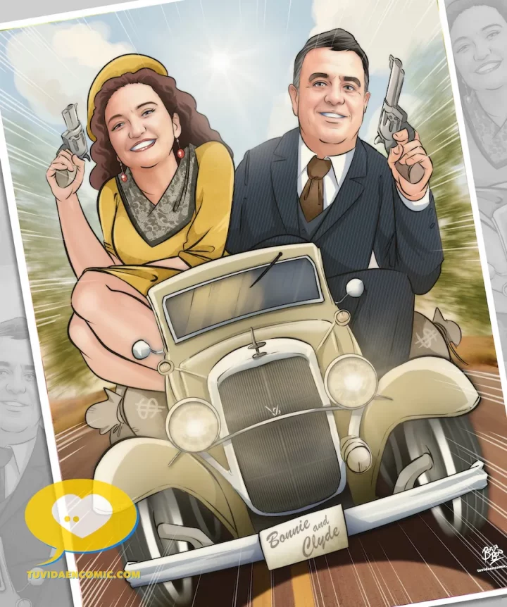 Ilustración personalizada Bonnie & Clyde enmarcada como regalo de boda original.