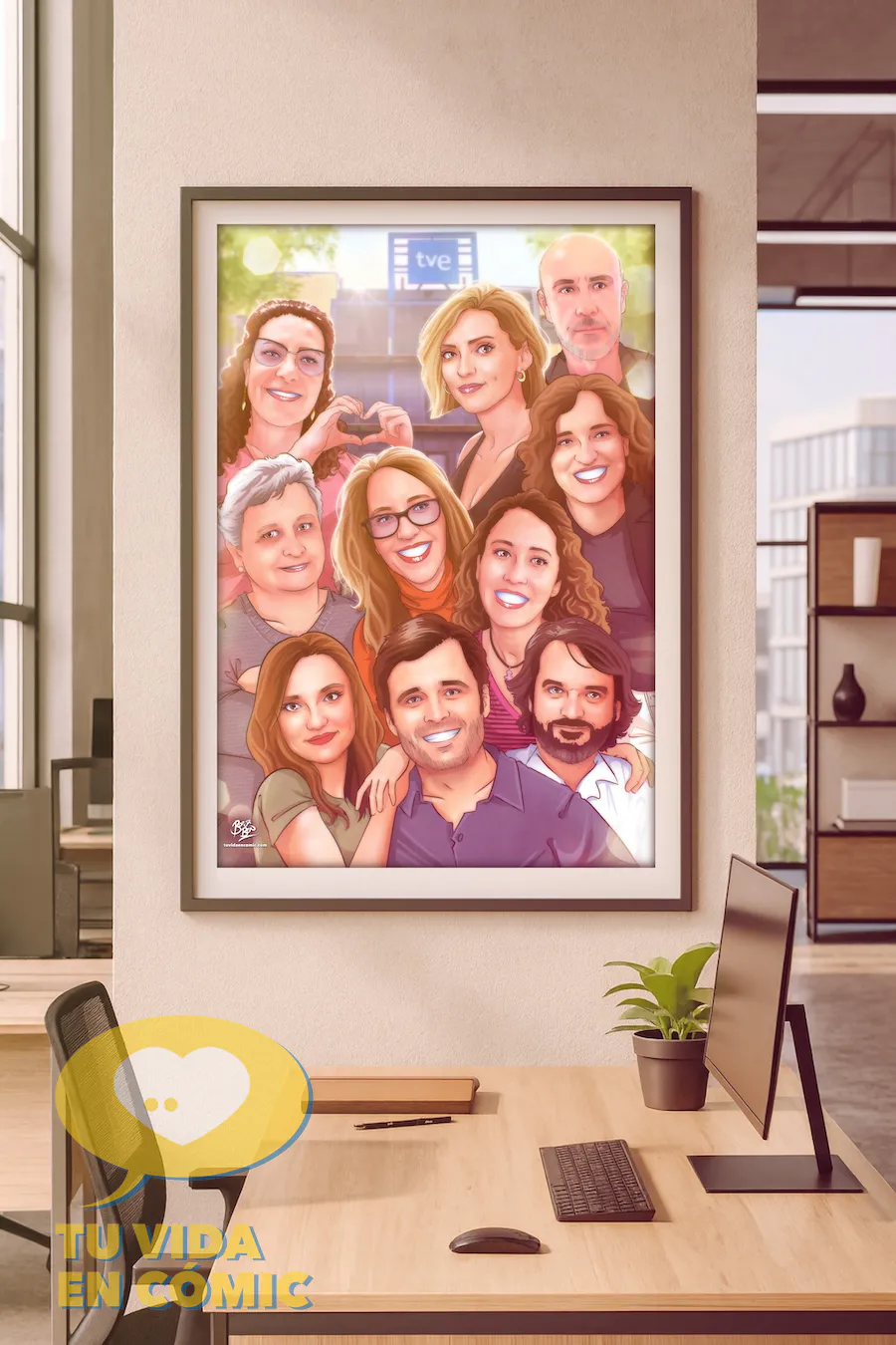 Ilustración personalizada de grupo creada como regalo de despedida de trabajo. Impresa y colgada en la pared de la oficinal. Lámina emotiva y divertida con retratos personalizados hecha a mano por Tu Vida en Cómic.