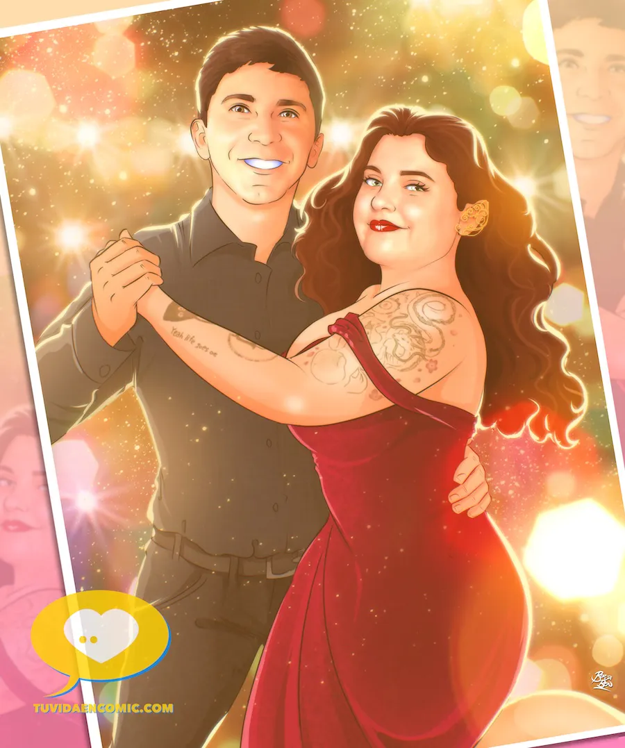 Ilustración personalizada de pareja bailando, creada como regalo de aniversario. Lámina estilo artístico con luces cálidas y ambiente romántico, hecha a mano por Tu Vida en Cómic.