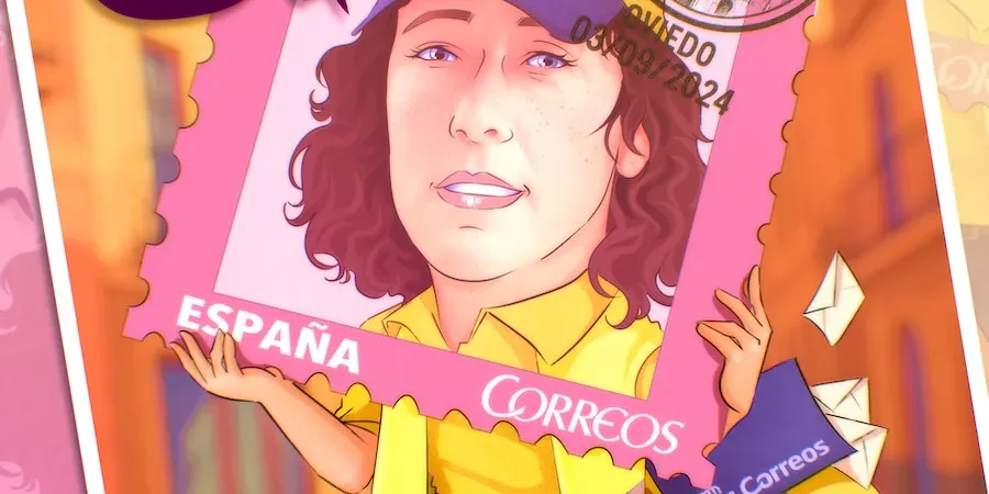 Caricatura personalizada como regalo de despedida para una compañera de trabajo en Correos. Ilustración en forma de sello postal con uniforme amarillo, carrito de reparto y frase divertida “Es viernes y el cuerpo lo sabe”. Regalo de jubilación para empleada de Correos.