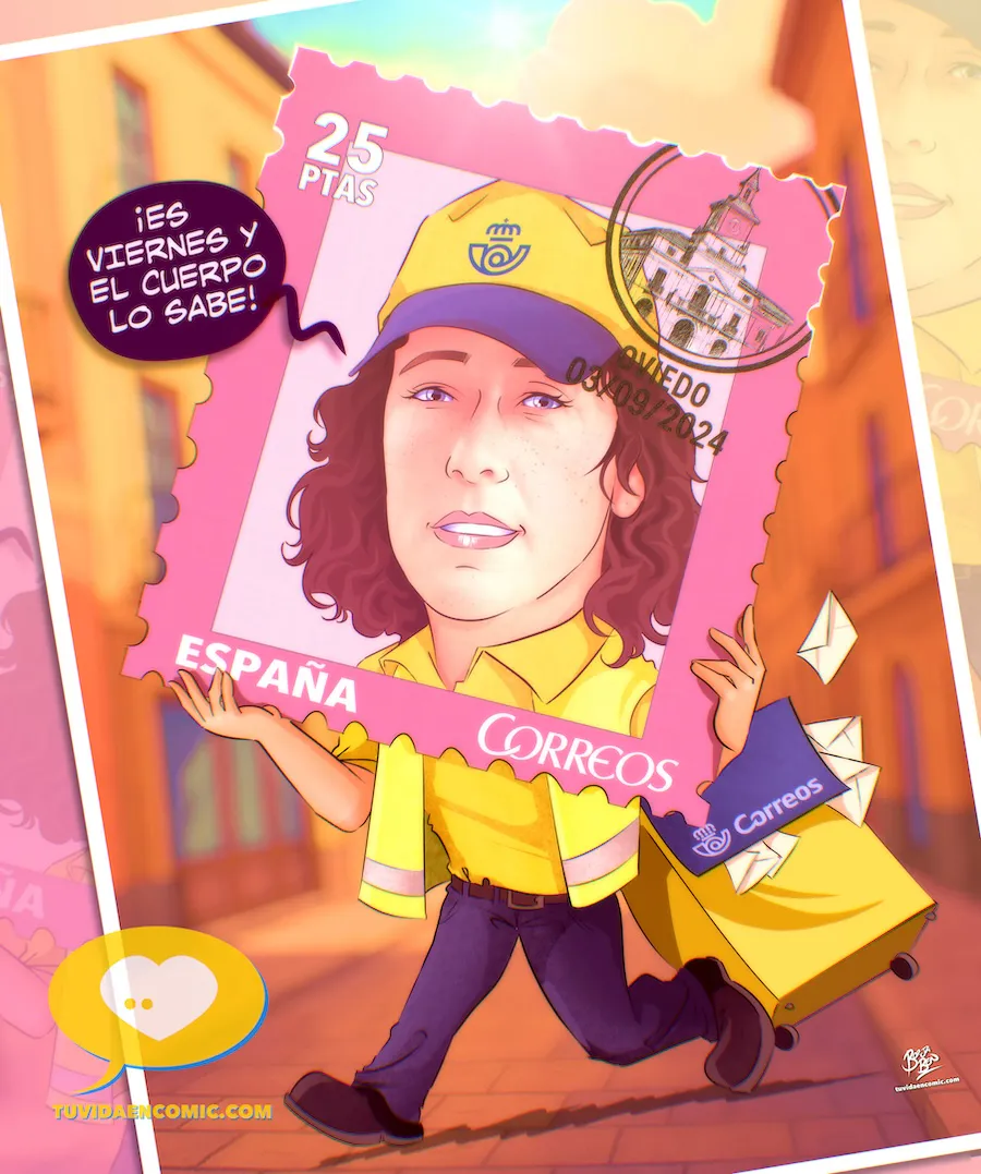 Caricatura personalizada como regalo de despedida para una compañera de trabajo en Correos. Ilustración en forma de sello postal con uniforme amarillo, carrito de reparto y frase divertida “Es viernes y el cuerpo lo sabe”. Regalo de jubilación para empleada de Correos.