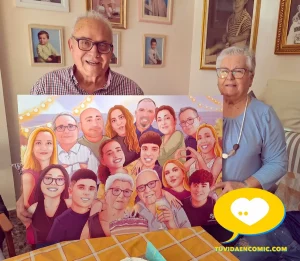 unboxing reacción abuelos Ilustración personalizada como regalo de cumpleaños para abuelos: retrato familiar de grupo con hijos y nietos al atardecer, con guirnaldas, tarta y ambiente de celebración. Caricatura de grupo. Regalo grupal.