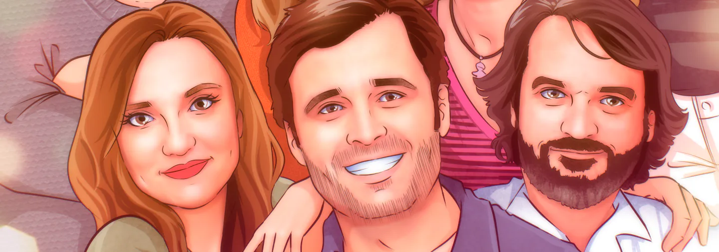 Detalle ilustración grupal personalizada. Zoom primer plano