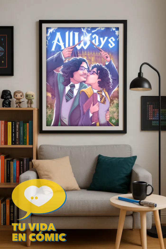 Ilustración personalizada colgada y enmarcada en la pared, de una pareja fan del mundo de Harry Potter besándose mientras alzan sus varitas, usada como ejemplo de regalo original y mágico para sorprender a tu pareja en Navidad.