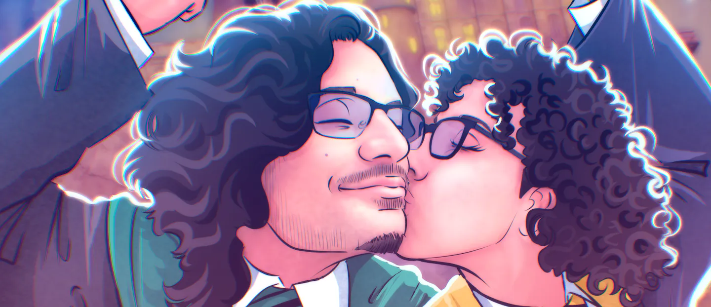 Detalle de las caras de los protagonistas dándose un beso cariñoso en la ilustración