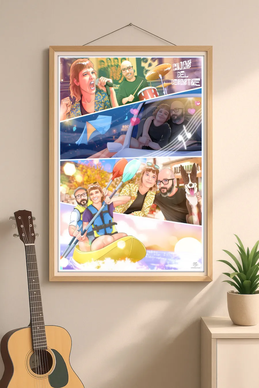 Lámina colgada en la pared con la página de cómic personalizada que cuenta la historia de amor de una pareja en cuatro viñetas: concierto en pareja, escena romántica en el coche, paseo en kayak y momento con su perro. Regalo de aniversario ilustrado a mano y colgable.