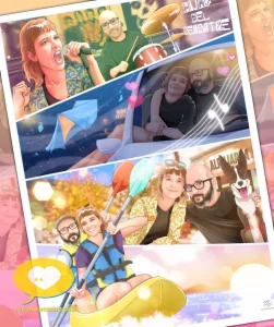 Lámina con una página de cómic personalizada que cuenta la historia de amor de una pareja en cuatro viñetas: concierto en pareja, escena romántica en el coche, paseo en kayak y momento con su perro. Regalo de aniversario ilustrado a mano y colgable.