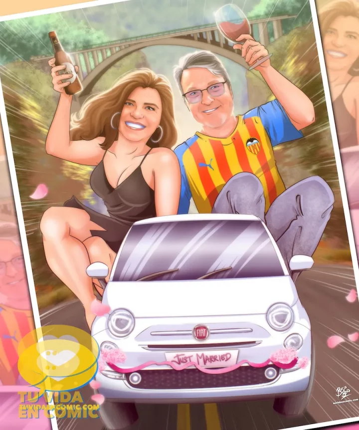 Regalo de boda grupal. Una pareja, 25 años de amor y una ilustración que parece su segunda boda. Un regalo grupal, original y lleno de emoción que sus amigos encargaron para inmortalizar su historia con humor, cariño y estilo propio.