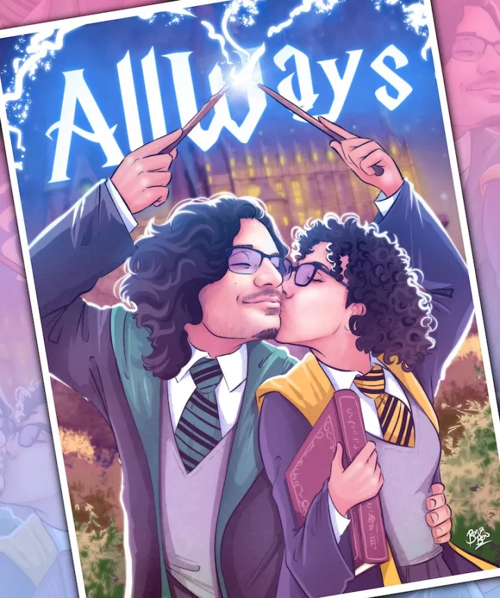 Ilustración personalizada de una pareja fan del mundo de Harry Potter besándose mientras alzan sus varitas, usada como ejemplo de regalo original y mágico para sorprender a tu pareja en Navidad.