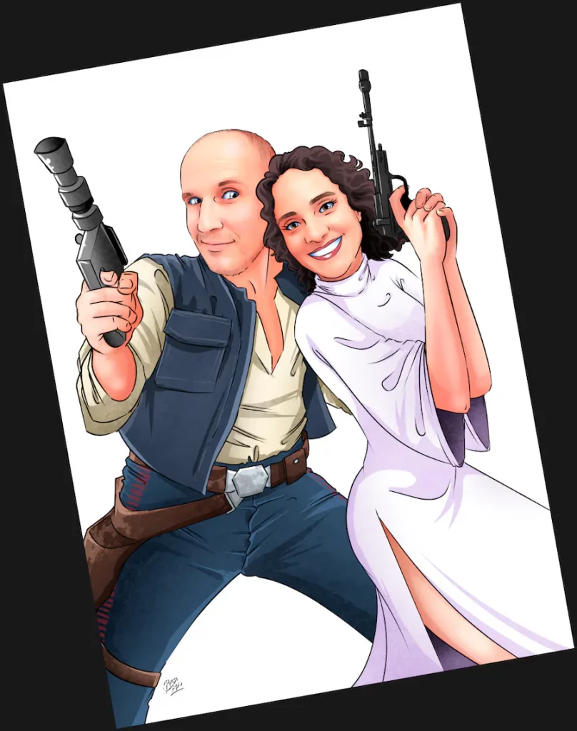 Proceso de coloreado de una ilustración personalizada de pareja hecha a mano.