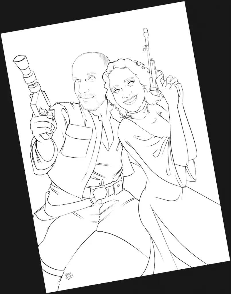 Entintado de una ilustración personalizada de pareja dibujada a mano.