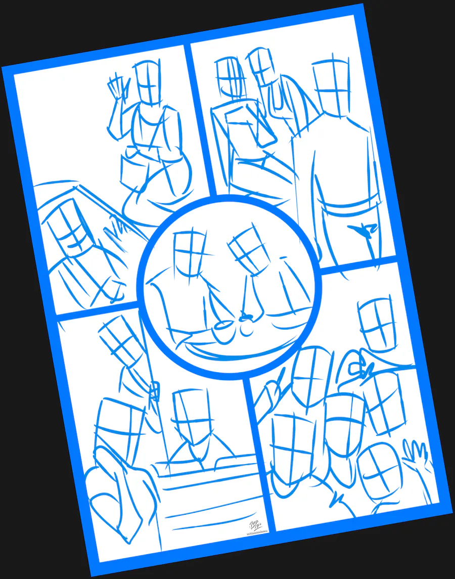 Boceto a lápiz del proceso de creación de una lámina de cómic personalizada de pareja antes del entintado y el color