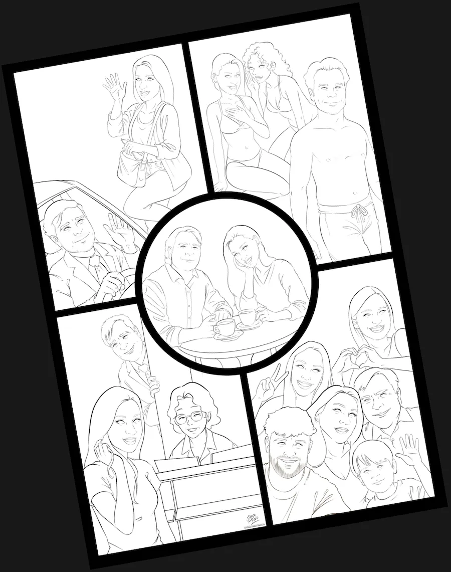 Proceso de entintado de una lámina de cómic personalizada de pareja, dando forma definitiva a las escenas y personajes