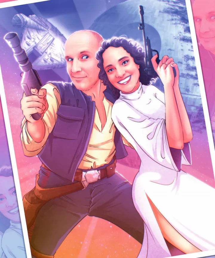 Ilustración personalizada de pareja inspirada en Star Wars, creada a mano como regalo de Navidad para un matrimonio.
