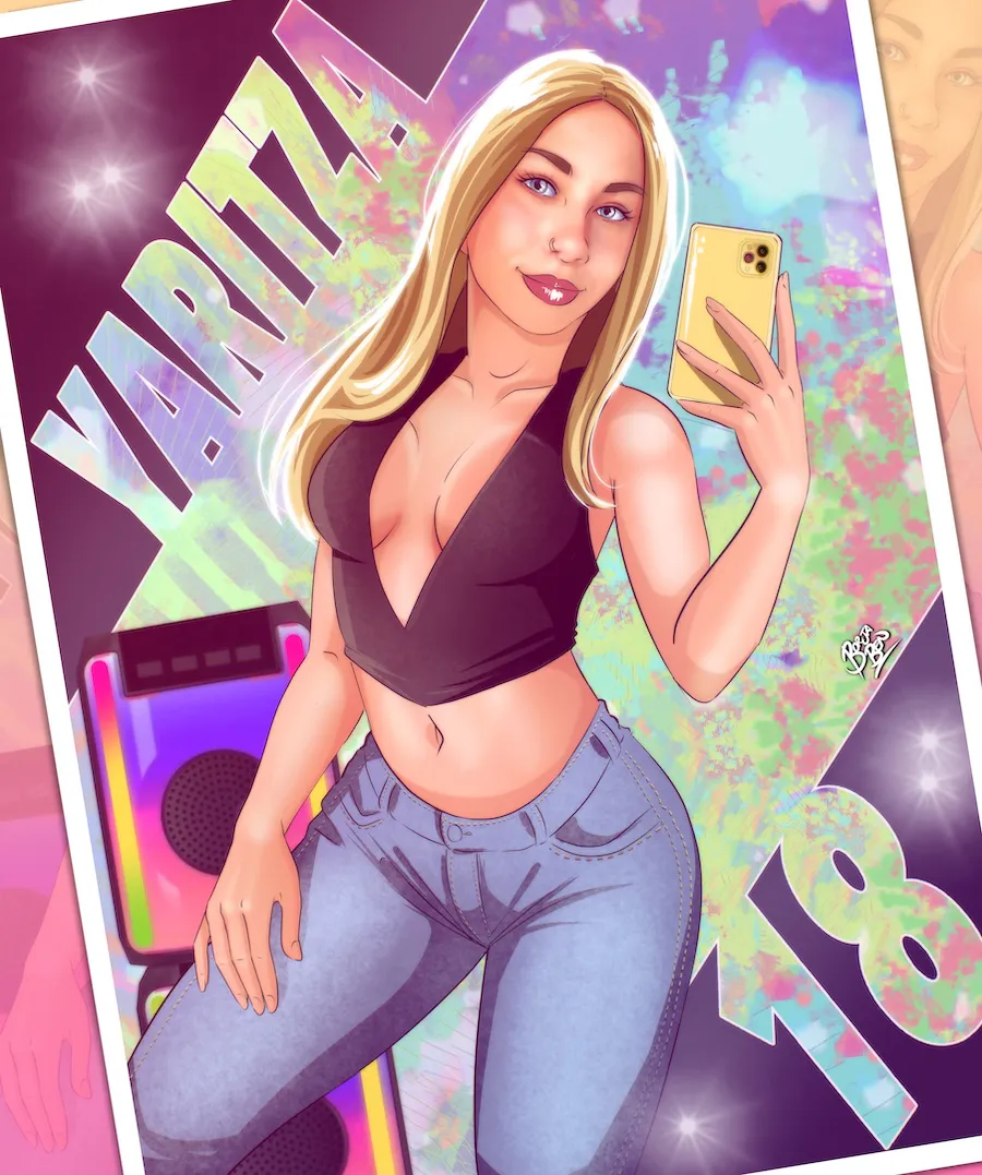Ilustración personalizada de una chica joven con fondo colorido, ideal como regalo para adolescentes y 18 cumpleaños