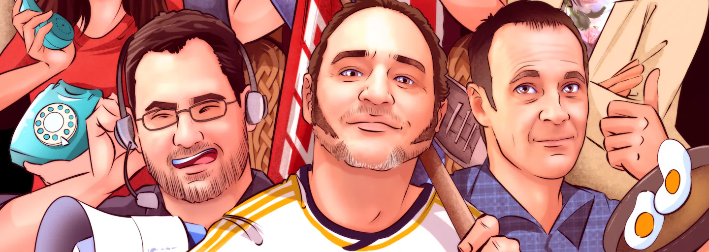 Primer plano de los rostros de tres compañeros de trabajo en una ilustración personalizada. Detalle de la calidad del dibujo y el parecido en un regalo de despedida original para hombres.