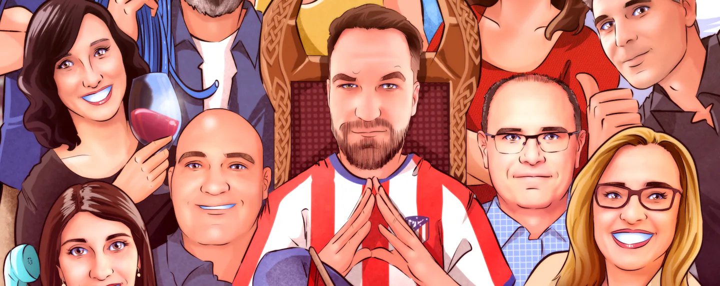 Primer plano de los rostros de tres compañeros de trabajo en una ilustración personalizada. Detalle de la calidad del dibujo y el parecido en un regalo de despedida original para hombres.