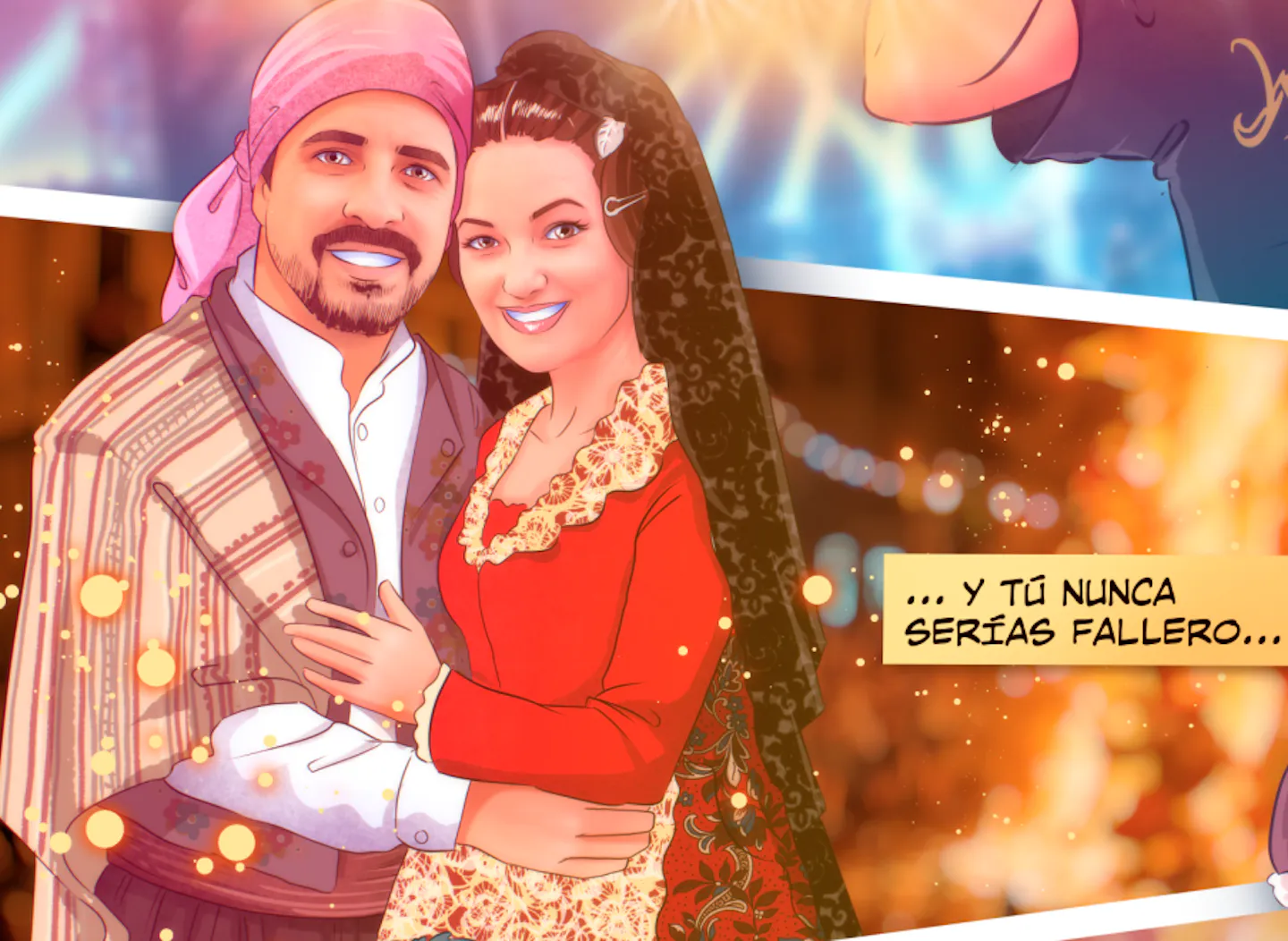 Detalle de las caras en una de las viñetas del cómic personalizado con toda la pareja vestidos de falleros en Valencia