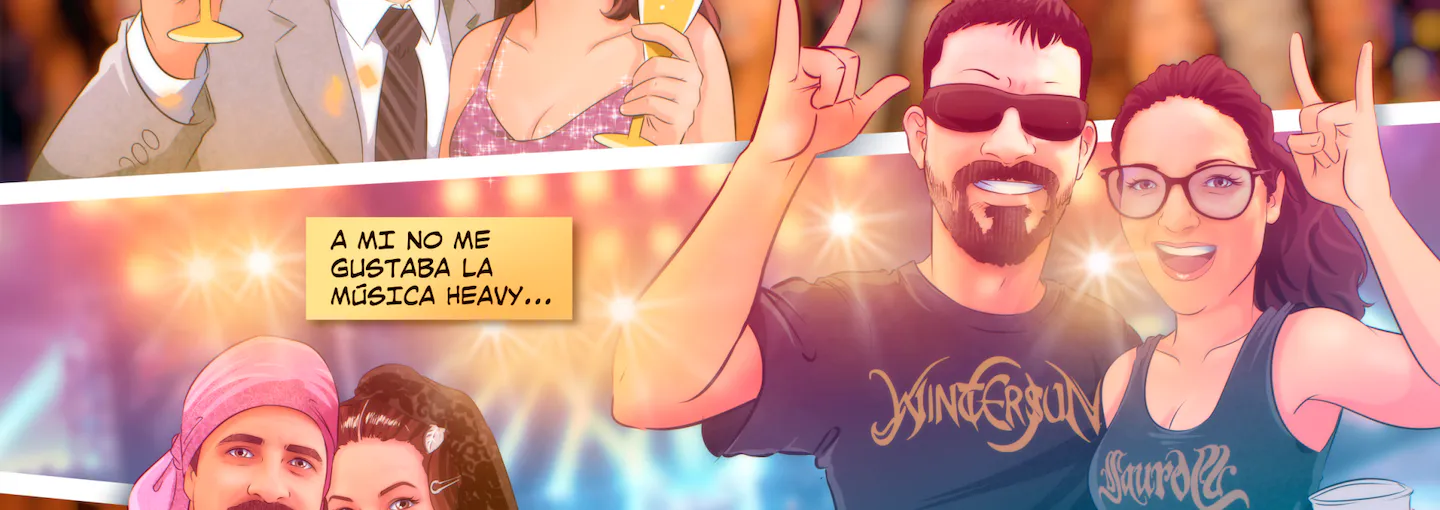 Detalle de las caras en una de las viñetas del cómic personalizado con toda la pareja en un festival de rock