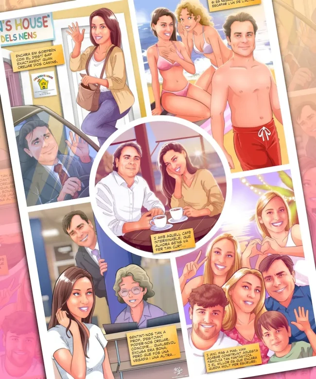 Lámina de cómic personalizada de pareja formada por cinco viñetas que cuentan su historia de amor desde el inicio hasta hoy, creada como regalo de aniversario