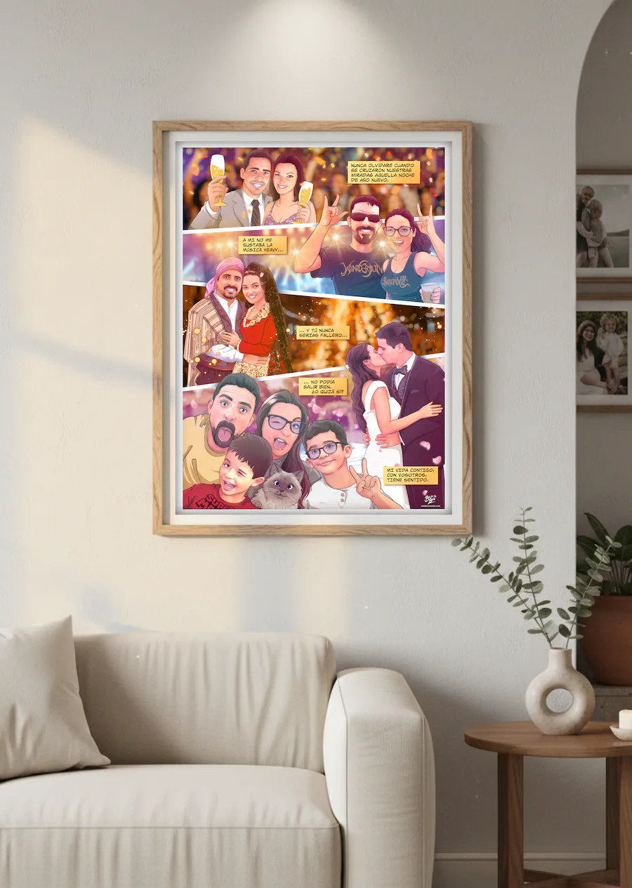 Página de cómic personalizado en formato de lámina grande A1, enmarcada y colgada en pared con decoración cálida. Ideal como regalo de aniversario o regalo de navidad para tu pareja