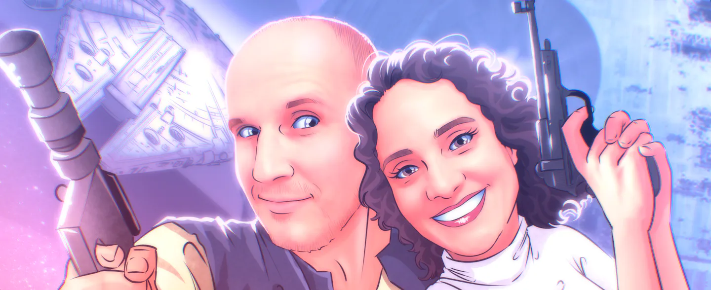 Detalle del rostro en una ilustración personalizada de pareja dibujada a mano.