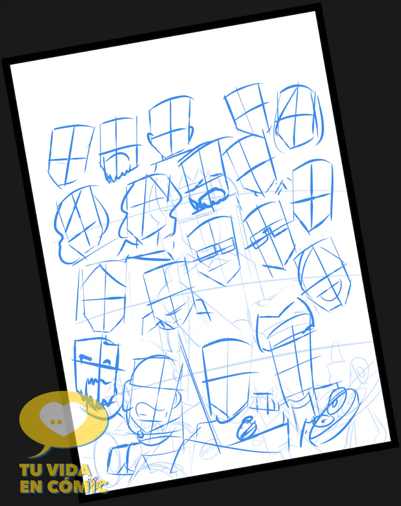 Boceto a lápiz de una ilustración grupal personalizada. Muestra el proceso de composición y dibujo de las caras para un regalo de despedida de empresa antes de aplicar el color