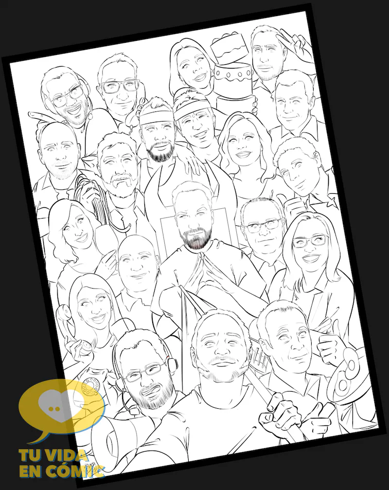 Fase de entintado (line art) de una ilustración grupal personalizada. Muestra el proceso de composición y dibujo de las caras para un regalo de despedida de empresa antes de aplicar el color