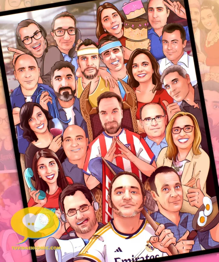 regalo-despedida-companeros-trabajo-ilustracion-grupal-regalo-corporativo-regalo-navidad-tu-vida-en-comic Ilustración grupal personalizada como regalo de despedida para tres compañeros de trabajo hombres, con el resto del equipo de la empresa de fondo. Ideal también como regalo de jubilación u homenaje corporativo